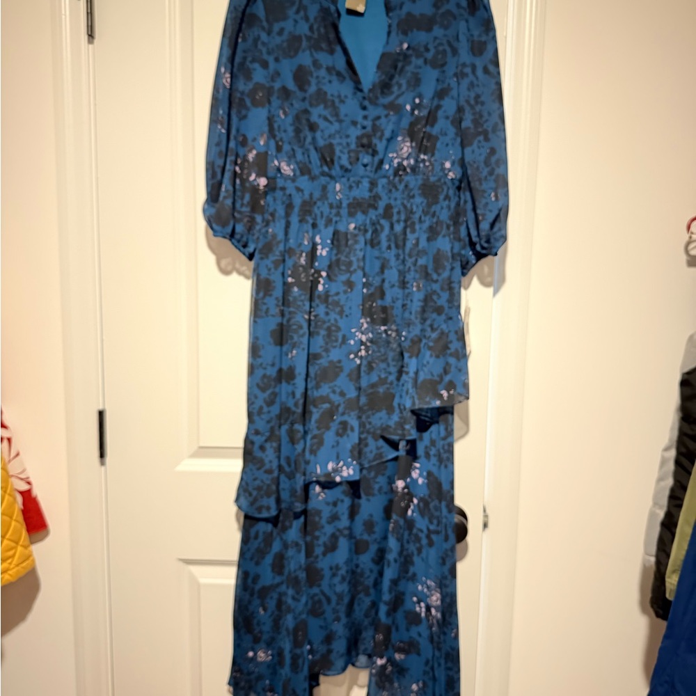 Taylor Deep Teal Floral Ruffle Midi Dress